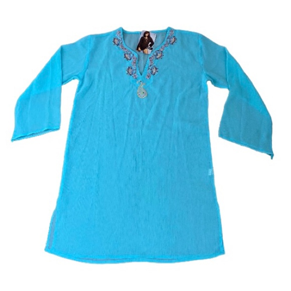 CLUB NEUF Turquoise Embroidered Embellished Chiffon Beachwear Tunic NWT Size M